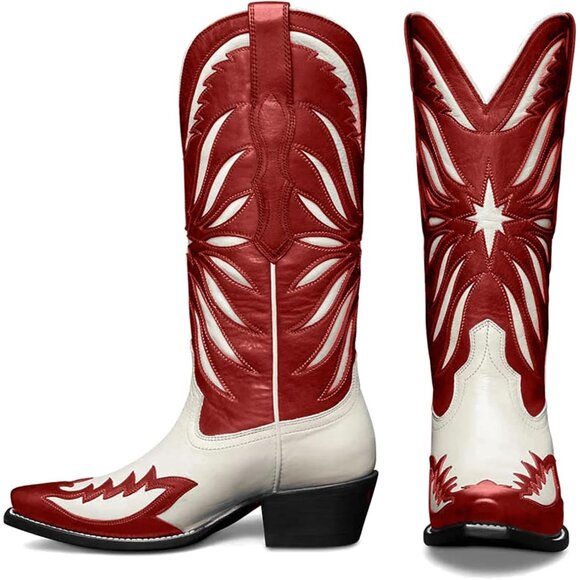 ⚡Women Red Faux Leather Mid Calf Knee High Pointed Toe Western Cowgirl Boots - Picture 1 of 6